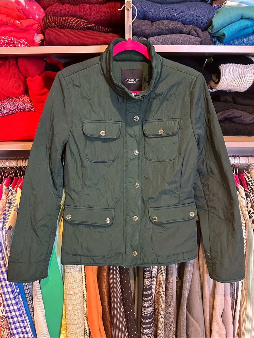 Talbots green long sleeve 2 pocket fleece interior quilted jacket size S